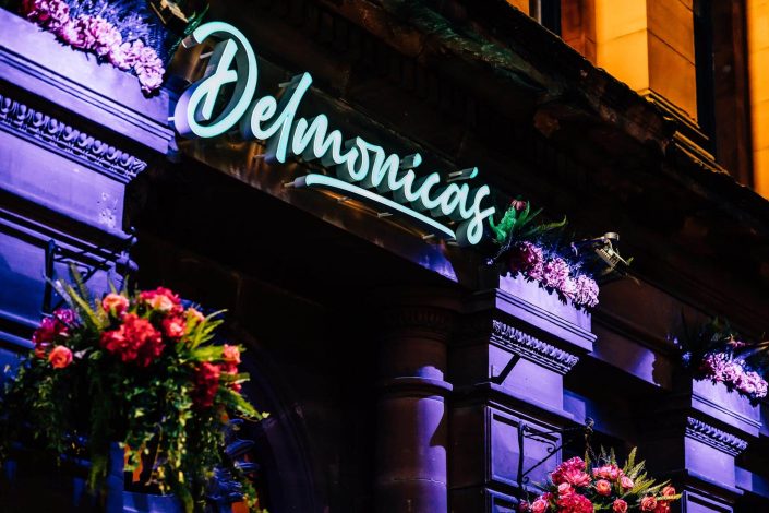 Delmonicas light up sign in Glasgow
